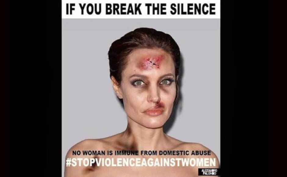 Angelina Jolie es otra de la celebridades que aparece en los montajes, difundidos a través de las redes sociales, con la frase 'ninguna mujer es inmune a la violencia doméstica'.