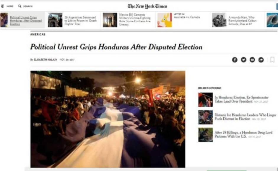 The New York Times de Estados Unidos: 'El malestar político se apodera de Honduras después de la elección impugnada'. 'Honduras estaba al borde de la agitación política el jueves, y el candidato de la oposición Salvador Nasralla acusó a los votantes de intentar 'robar nuestra victoria' en unas elecciones cuyos resultados son duramente rebatidos'.