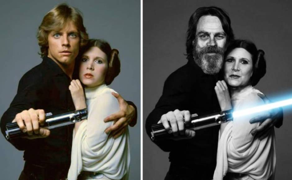 Mark Hamill y Carrie Fisher como Luke Skywalker y la Princesa Leia, 1977 y 2015.