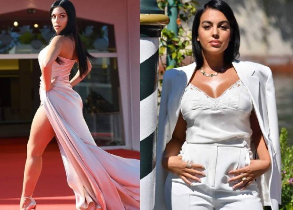La modelo Georgina Rodríguez, pareja del futbolista Cristiano Ronaldo, fue una de las bellezas que engalanó la alfombra roja de Festival de cine de Venecia, este jueves.