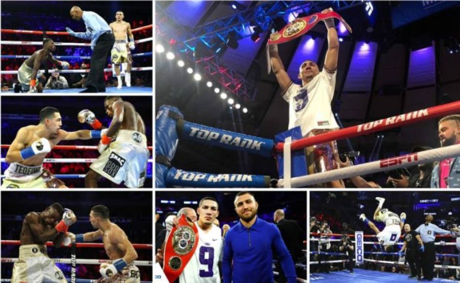 Las imágenes del triunfo de Teófimo López por nocaut contra Richard Commey en el Madison Square Garden para ganar el título mundial de la división peso ligero de la Federación Internacional de Boxeo (FIB).