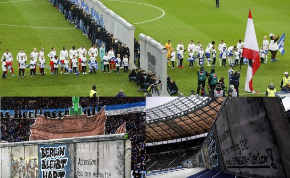 Una réplica impresionante del Muro de Berlín se desplegó este sábado a lo largo de la línea media del estadio Olímpico de Berlín, para conmemorar el 30º aniversario de su caída. Fotos AFP y EFE