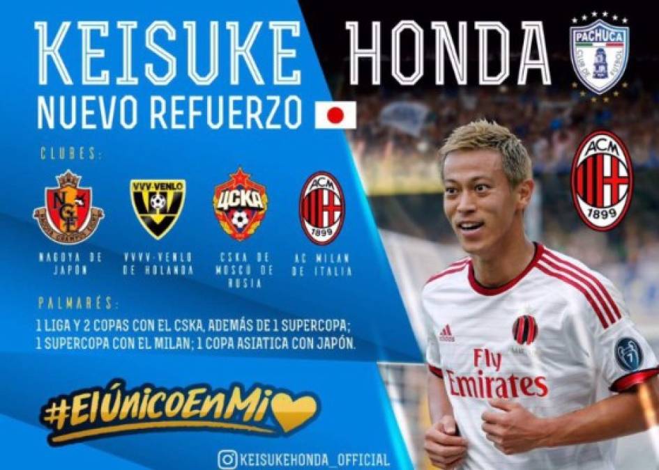 Keisuke Honda ya es nuevo jugador de Pachuca. El japonés, que llega procedente del Milan, ha colgado un vídeo en el que se le ve rubricando, junto al presidente Jesús Martínez, su nuevo contrato.