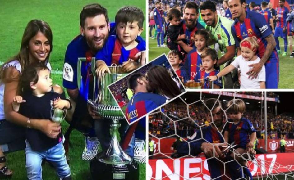 Los jugadores del FC Barcelona celebraron en familia la obtención de la Copa del Rey lograda en el estadio Vicente Calderón ante el Deportivo Alavés. El césped se llenó de niños y parejas de los futbolistas.