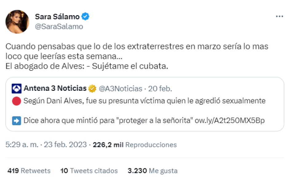Reacción de Sara Sálamo, pareja de Isco Alarcón, sobre las nuevas palabras de Dani Alves para el caso donde esa acusado de presunta agresión sexual.