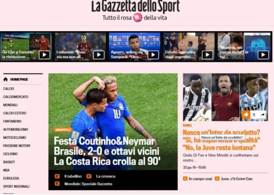 La Gazzeta dello Sport de Italia. Menciona fiesta entre Neymar y Coutinho.