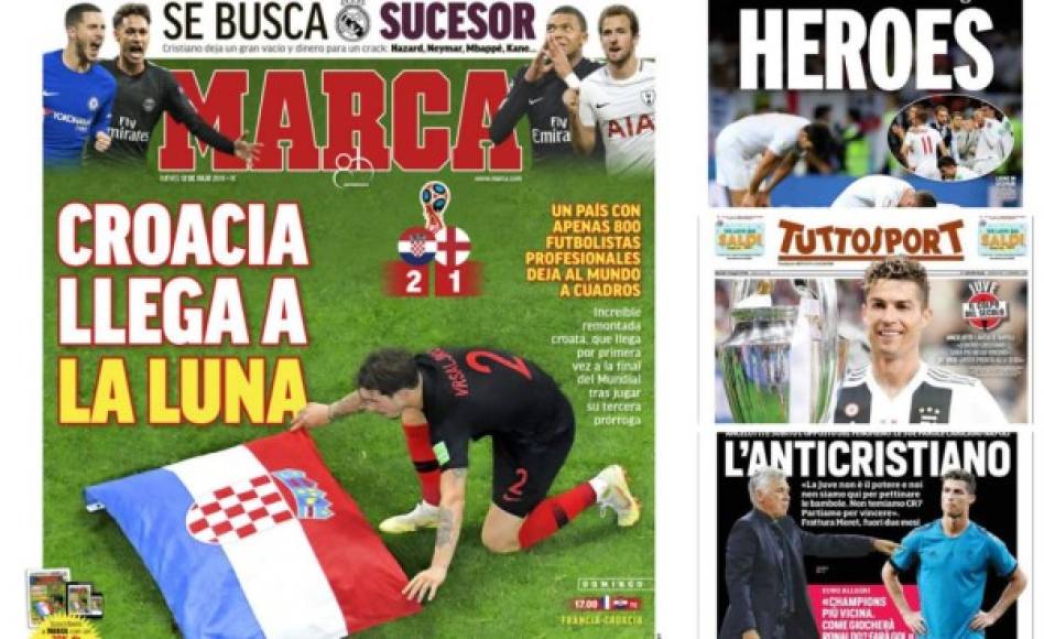 La prensa deportiva de este jueves 12 de julio de 2018 destacan en sus portadas la clasificación de Croacia a la final del Mundial de Rusia 2018 y a Cristiano Ronaldo en la Juventus.