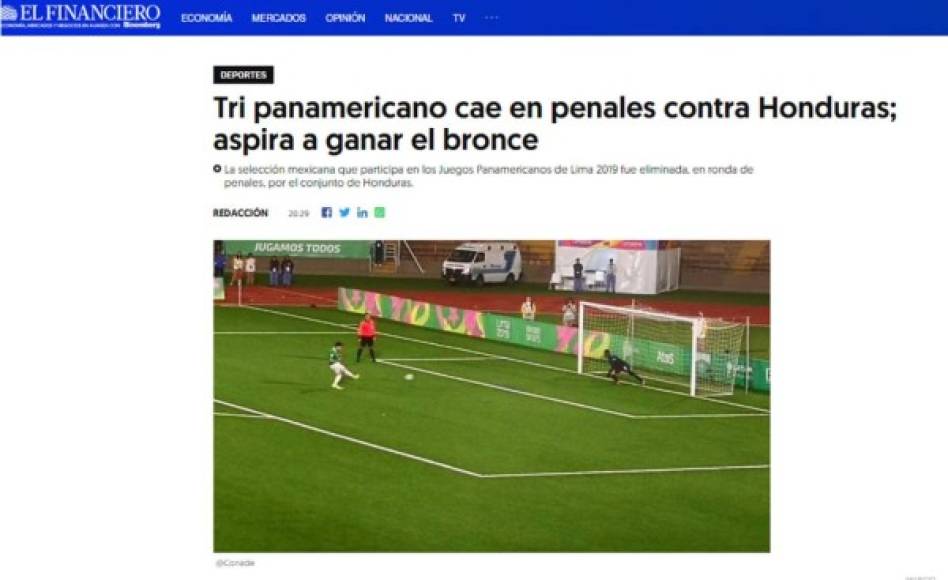 El Financiero de México - 'Tri panamericano cae en penales contra Honduras; aspira a ganar el bronce'.