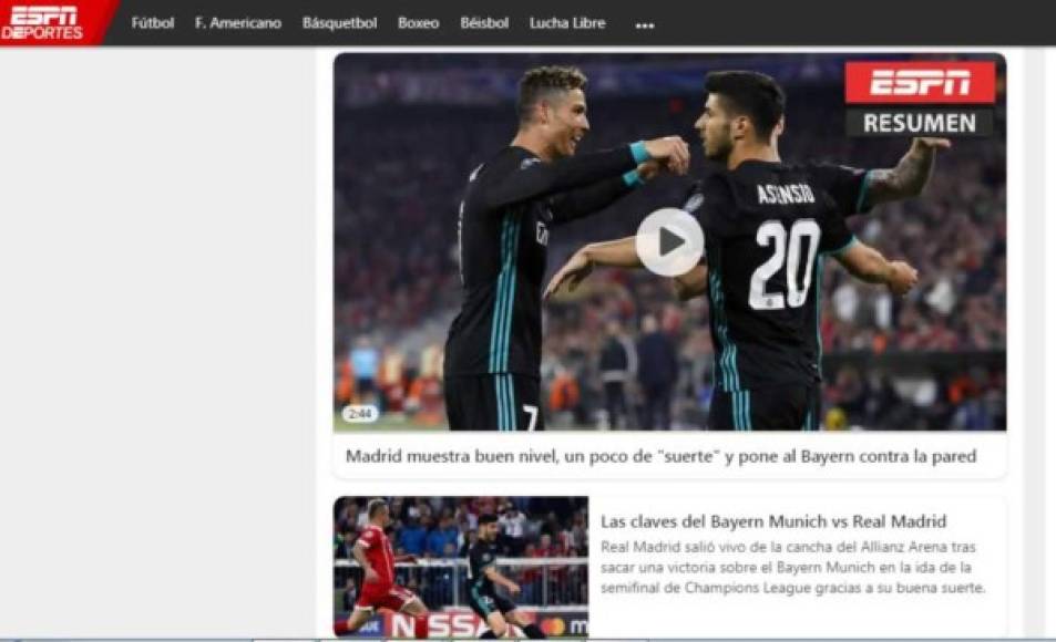 ESPN: 'Madrid muestra buen nivel, un poco de suerte y pone al Bayern contra la pared'.