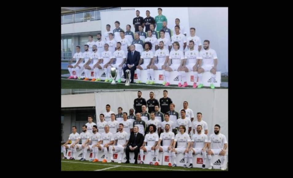 En la parte superior la foto oficial del Real Madrid con Rafa Benítez realizada el 21 de septiembre de 2015 y en la parte inferior, la foto oficial con Zinedine Zidane. (Foto RealMadrid.com)