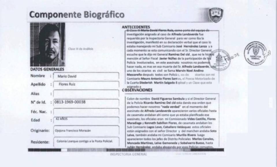 Ficha del Clase III de Análisis de la Policía Mario David Flores Ruiz, señalado en el caso de la muerte de Alfredo Landaverde, según publicación de The New York Times atribuida a un informe de la Inspectoría General de la Policía de Honduras.