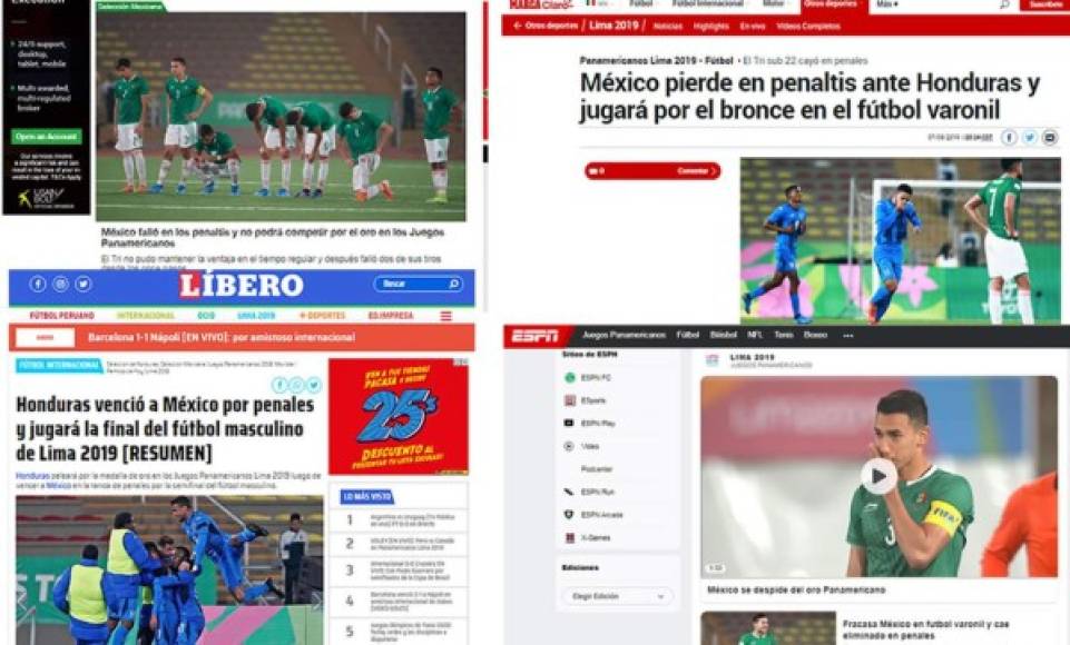 Así destacaron los diarios mexicanos la eliminación de su selección ante Honduras en las semifinales de los Juegos Panamericanos 2019 de Lima. En otros países también informaron sobre la noticia.