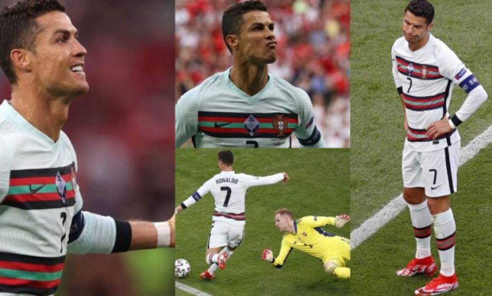 Cristiano Ronaldo fue protagonista en la goleada de 3-0 de Portugal ante Hungría en actividad del grupo F de la Eurocopa. CR7 en el duelo estuvo primero amargado, pero al final festejó a lo grande. Fotos EFE y AFP.