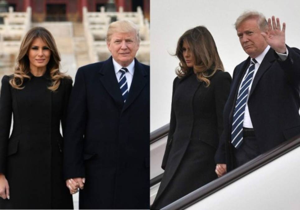 Melania hizo una elegante entrada a su llegada a Beijing de la mano de su marido Donald Trump.<br/>