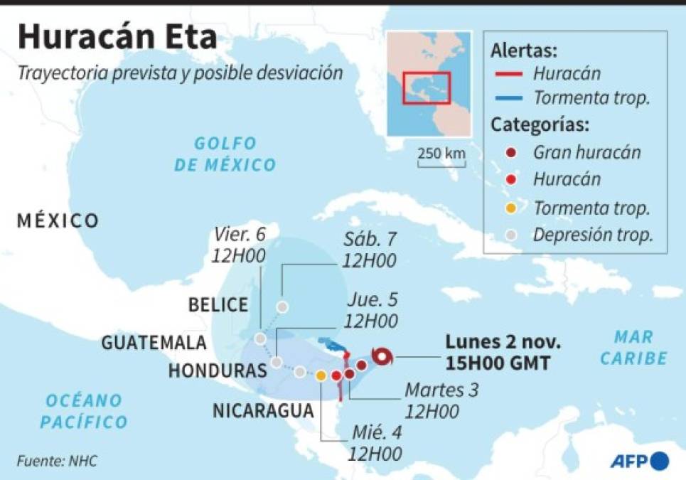 Localización y trayectoria prevista del huracán Eta AFP.