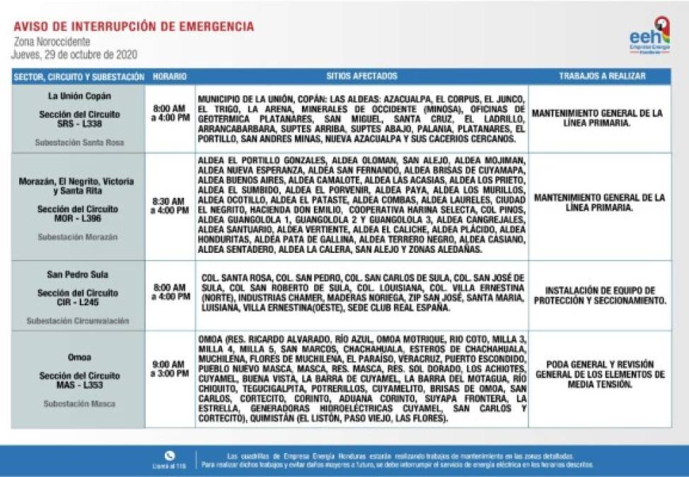 Calendarios publicados por la Empresa Energía Honduras.