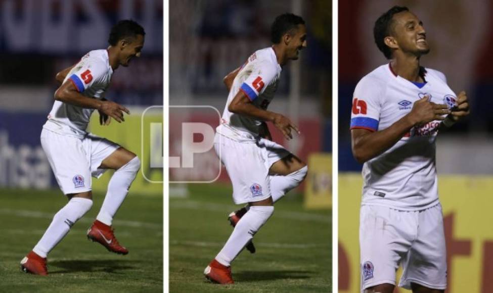 Diego Reyes festejó el gol ante su exequipo con este bailecito y luego mostrando el escudo del Olimpia.