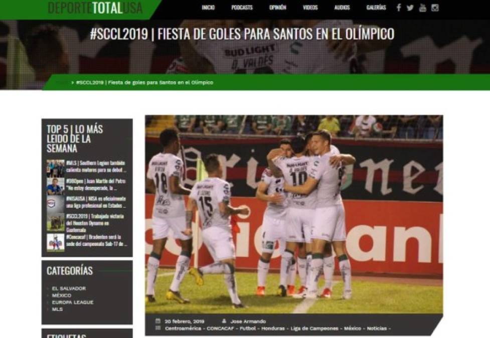 Deporte Total USA - 'Fiesta de goles para Santos en el Olímpico'. 'Pesadilla para el Monstruo Verde'. 'Fue todo lo que los aficionados del verde no querían, una goleada penosa que deja a Santos con un pie en cuartos de final'.
