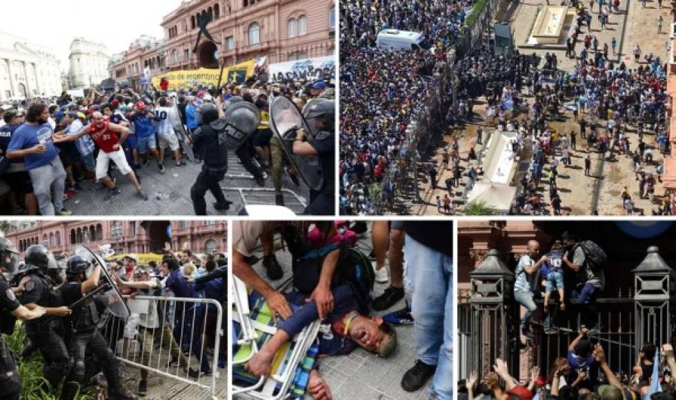 El velorio de Diego Armando Maradona se convirtió en un caos total durante la tarde de este jueves por los incidentes en los alrededores entre la policía y las miles de personas que quieren ingresar a la sede de la Casa Rosada del Gobierto argentino para darle el último adiós al exfutbolista.