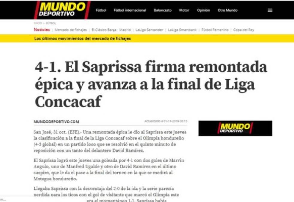 Mundo Deportivo de España: '4-1. El Saprissa firma remontada épica y avanza a la final de Liga Concacaf'.