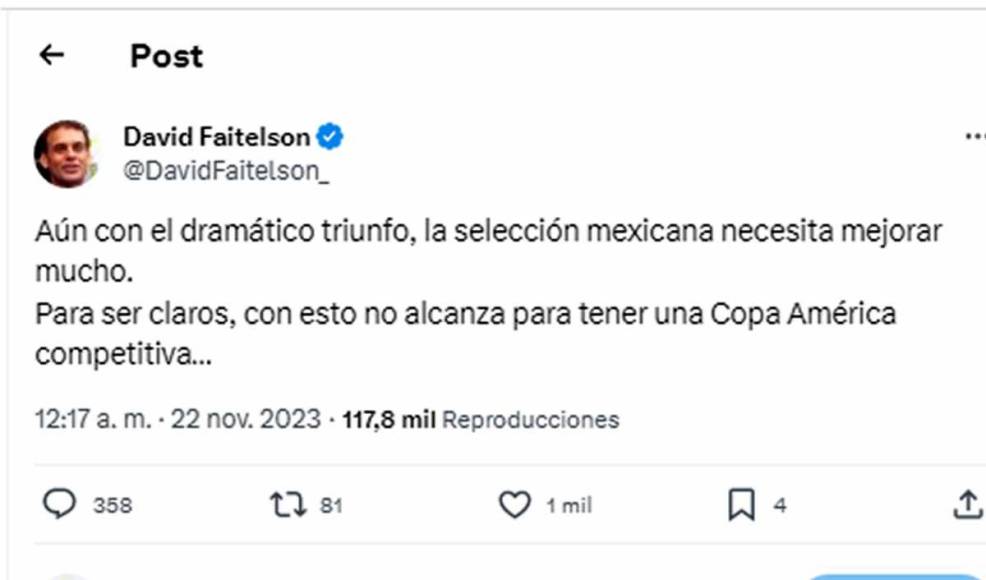 Faitelson detalló que con este dramático triunfo, queda claro que la Selección Nacional debe mejorar su nivel futbolístico, ya que con lo mostrado no es suficiente para competir contra los representativos sudamericanos que estarán en la Copa América el próximo año.