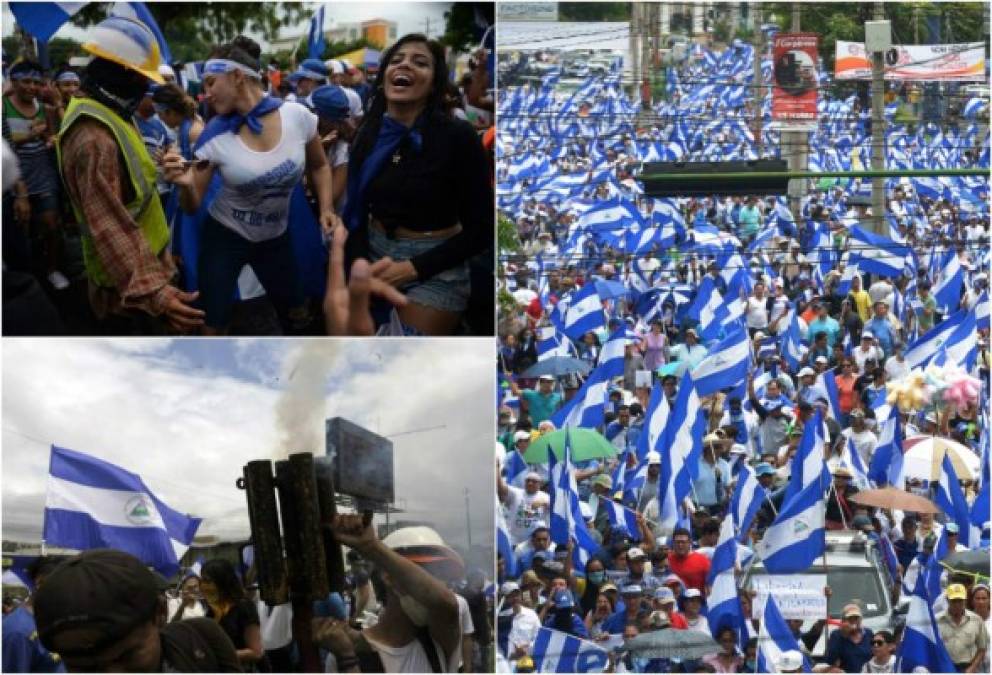 Ondeando banderas de Nicaragua, miles de opositores marcharon este jueves en Managua para exigir la salida del poder del presidente Daniel Ortega.