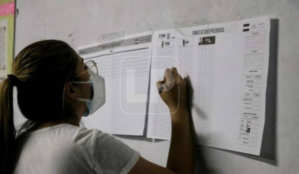 Una de las integrantes de las mesas del PLH registra los votos de los precandidatos presidenciales.