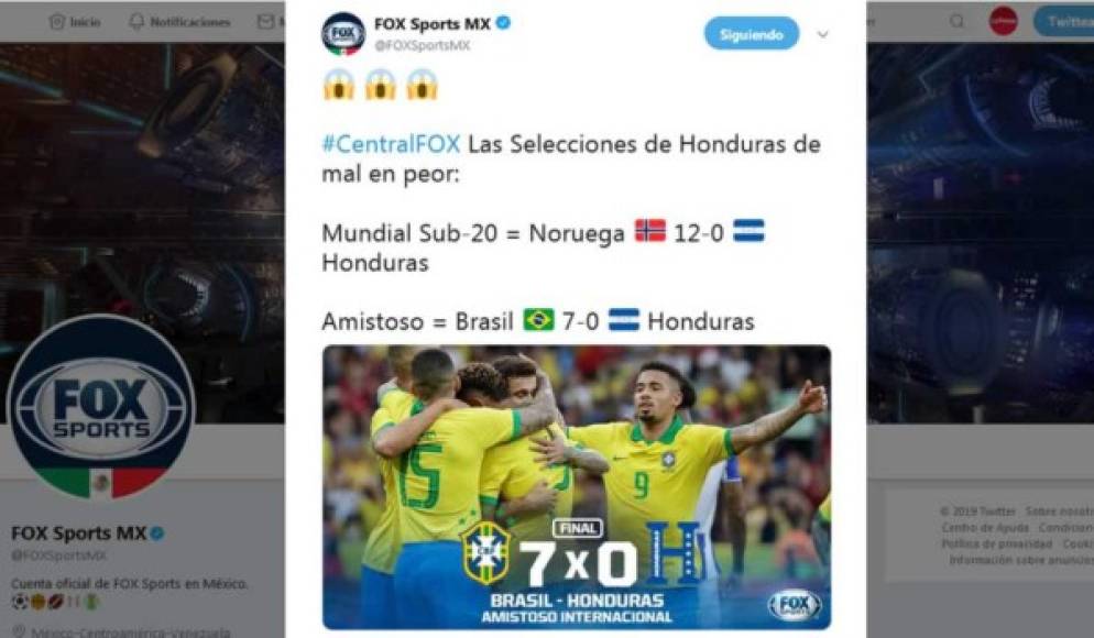 Fox Sports - 'Las Selecciones de Honduras de mal en peor: Mundial Sub-20 = Noruega 12-0 Honduras y Amistoso = Brasil 7-0 Honduras'.