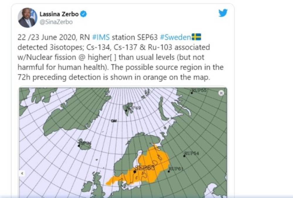 El Secretario Ejecutivo de la Organización del Tratado de Prohibición Completa de los Ensayos Nucleares, Lassina Zerbo, confirmó a través de Twitter el pasado viernes que los sensores ubicados en Rusia detectaron un ligero aumento de isótopos radioactivos