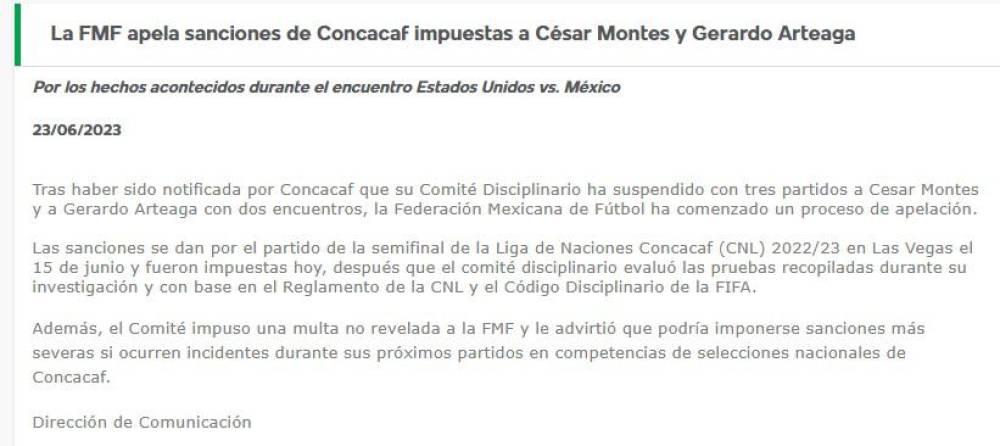 Comunicado de la Federación Mexicana de Fútbol en la apelación de las penalizaciones a Gerardo Arteaga y César Montes.