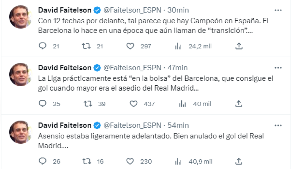 David Faitelson de ESPN: “La Liga prácticamente está “en la bolsa” del Barcelona, que consigue el gol cuando mayor era el asedio del Real Madrid...”