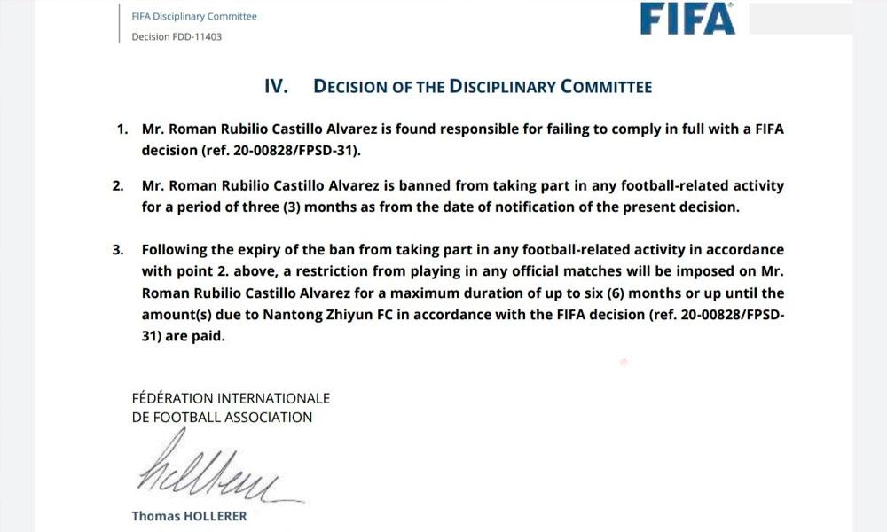El comunicado de la sanción de la Comisión de Disciplina de la FIFA sobre Rubilio Castillo.