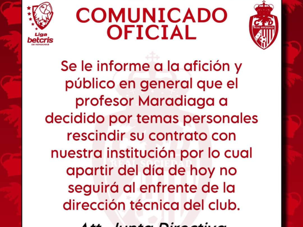 Comunicado de Real Sociedad sobre la salida de “Primitivo” Maradiaga.