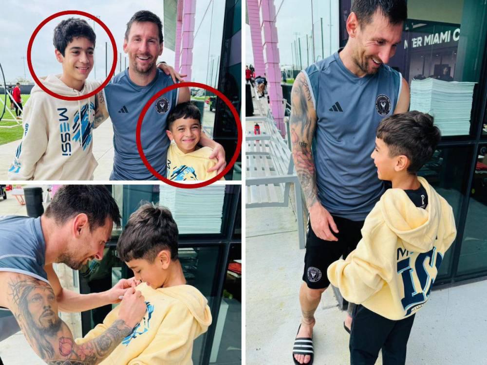 Lionel Messi les firmó autógrafos en sus camisetas y se sacaron fotos.