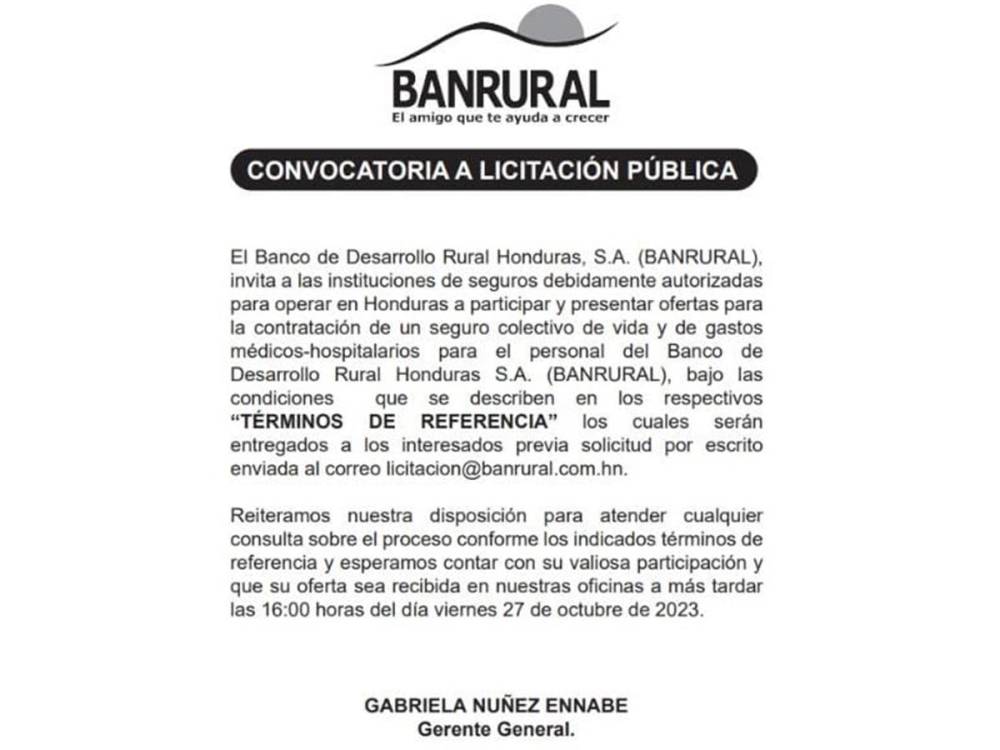 Banrural Honduras convoca a licitación pública para seguro de vida y gastos médicos