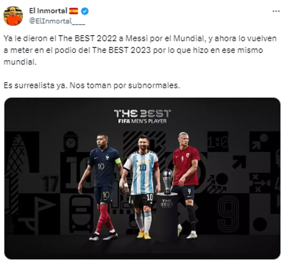“Ya le dieron el The Best 2022 a Messi por el Mundial y ahora lo vuelven a meter en el podio. Es surrealista”, comentaron en las redes sociales. 