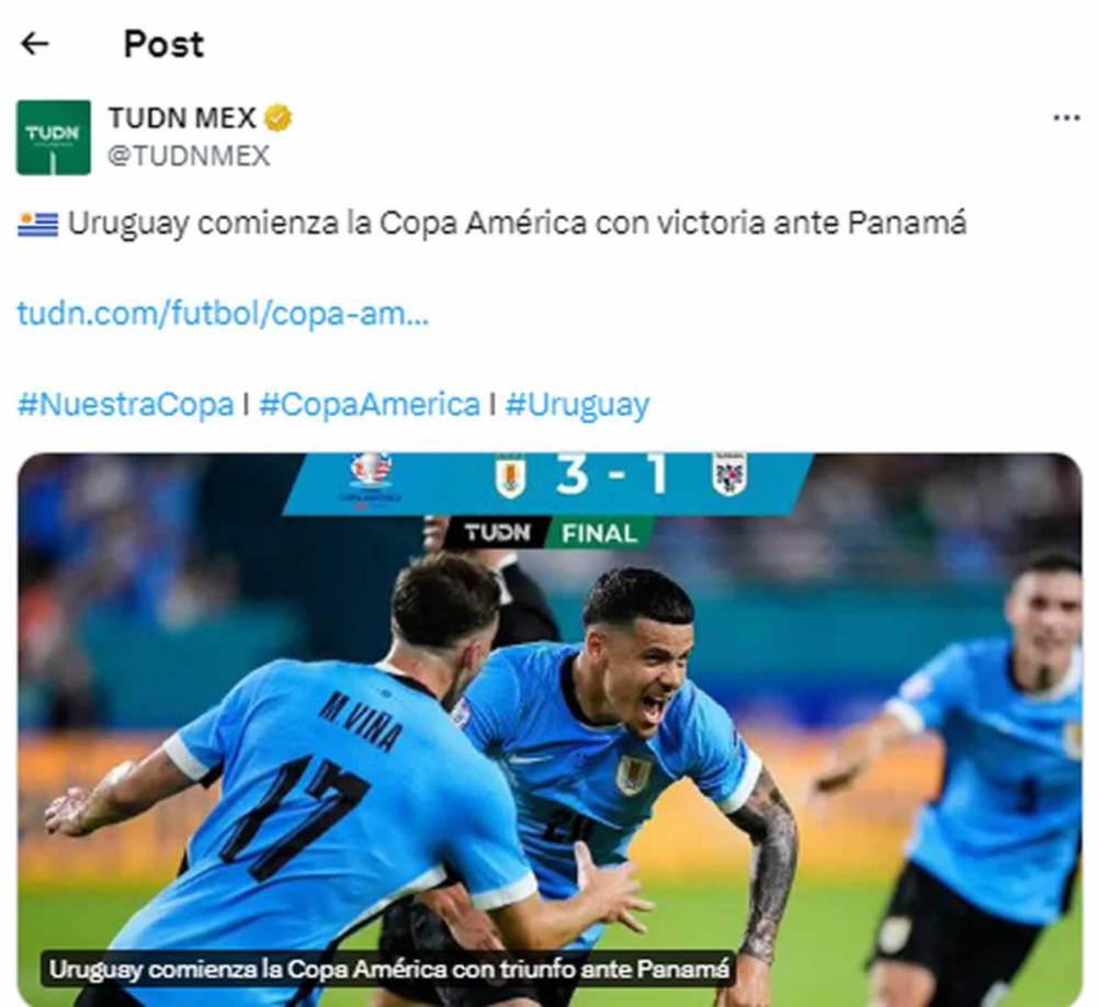 TUDN - “Uruguay comienza la Copa América con victoria ante Panamá”.