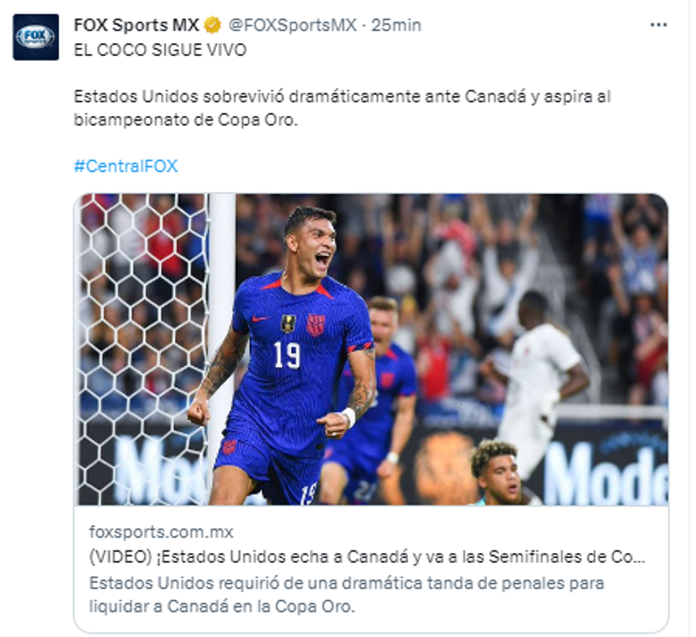 Fox Sports: “Estados Unidos sobrevivió dramáticamente ante Canadá y aspira al bicampeonato de Copa Oro”.