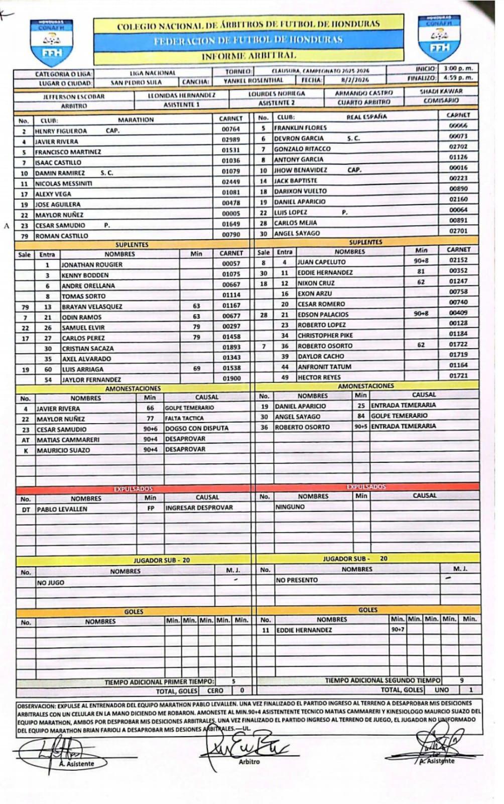 El acta arbitral del derbi entre Marathón y Real Espña por la jornada 4 del Clausura 2026.