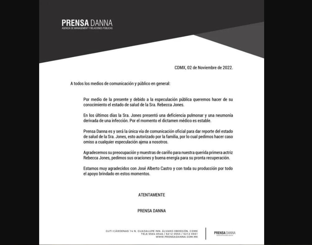 Danna Vázquez, publirrelacionista de la actriz, emitió un comunicado para aclarar cuál es el estado de salud de Rebecca Jones.