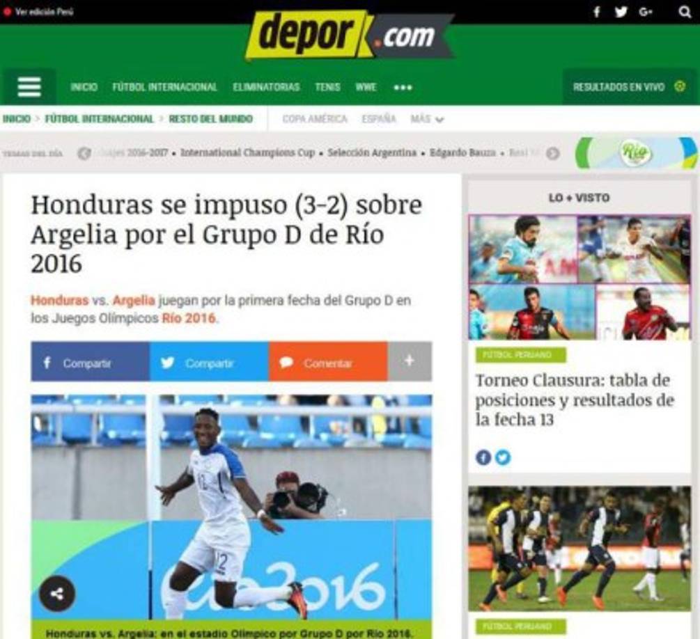 Depor de Perú: 'Honduras se impuso (3-2) sobre Argelia por el Grupo D de Río 2016'.