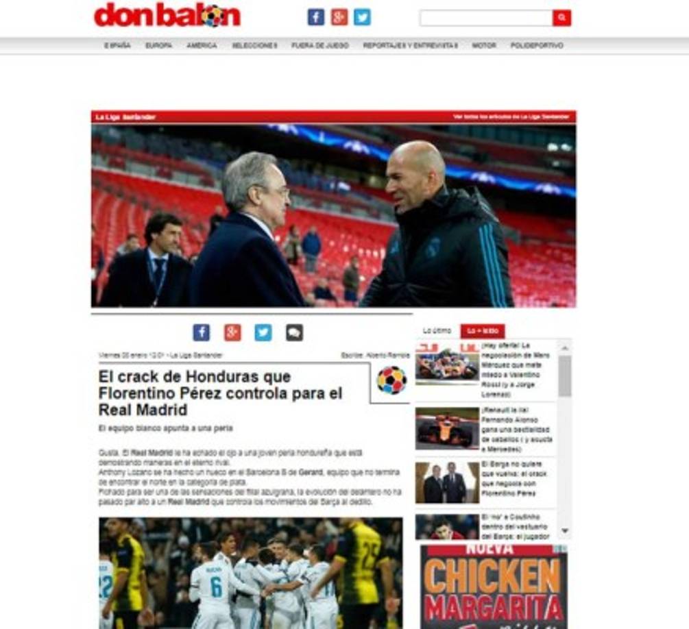 'El crack de Honduras que Florentino Pérez controla para el Real Madrid', así titula el diario Don Balón la nota sobre el interés del club blanco por Antony 'Choco' Lozano.