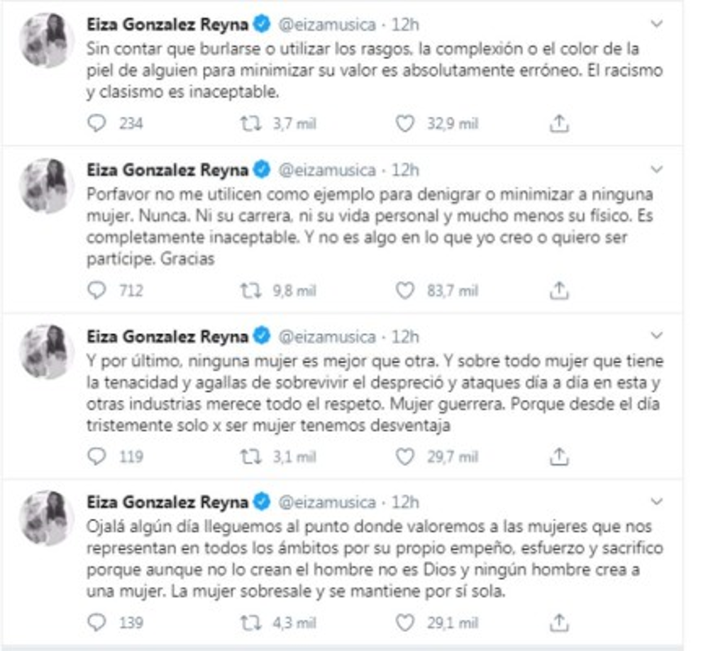 En resumen, estos son los mensajes de Eiza Gonzalez en Twitter, claramente se ha molestado por las comparaciones de sus romances con los de Belinda.