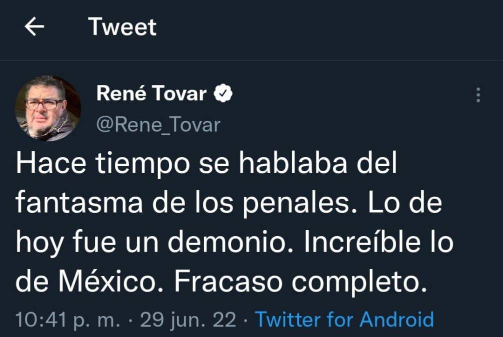 “Lo de hoy fue un demonio. Increible lo de México”, posteó en sus redes sociales el periodista deportivo René Tovar.