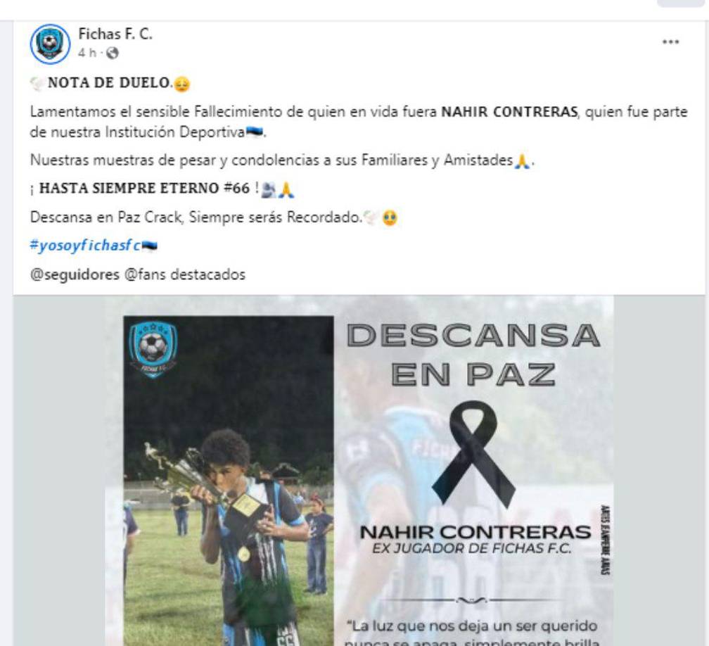 El Ficha FC fue otro de los equipos que tuvo en sus filas a Nahir Contreras y lamentaron el sensible fallecimiento del chico.