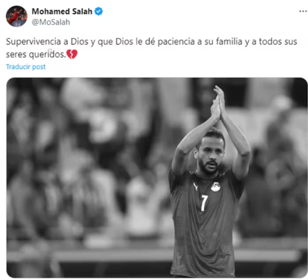 Tras la trágica noticia, Mohamed Salah figura en su país con la Selección dejó un triste mensaje en sus redes sociales: “Supervivencia a Dios y que Dios le de fuerza a su familia y a todos sus seres queridos”