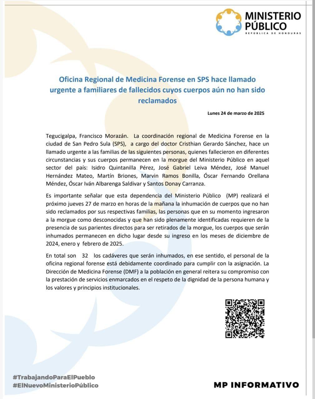 Revelan lista de personas sin reclamar en la morgue de SPS