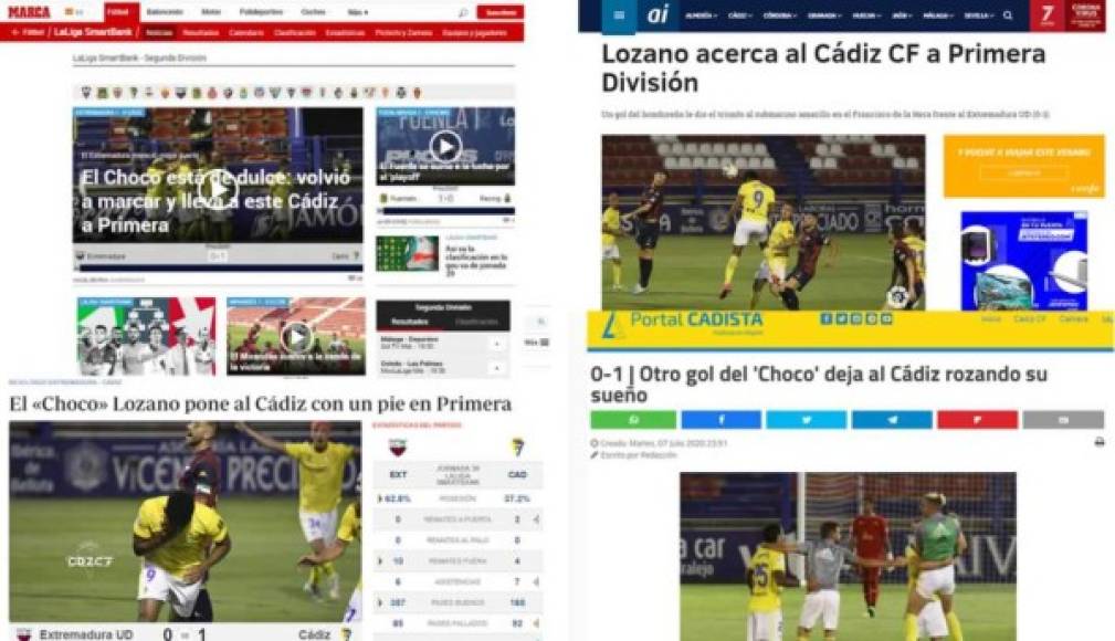 Los diarios en España elogian al delantero hondureño Antony 'Choco' Lozano luego de que otro gol suyo diera una nueva victoria al Cádiz. El equipo amarillo se acerca más al ascenso a la Liga Española.