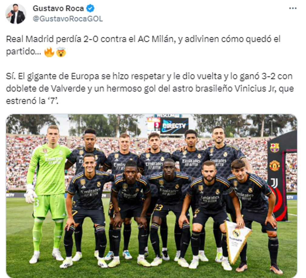 Gustavo Roca, periodista de Diario DIEZ: “Sí. El gigante de Europa se hizo respetar y le dio vuelta y lo ganó 3-2 con doblete de Valverde y un hermoso gol del astro brasileño Vinicius Jr, que estrenó la ‘7’.