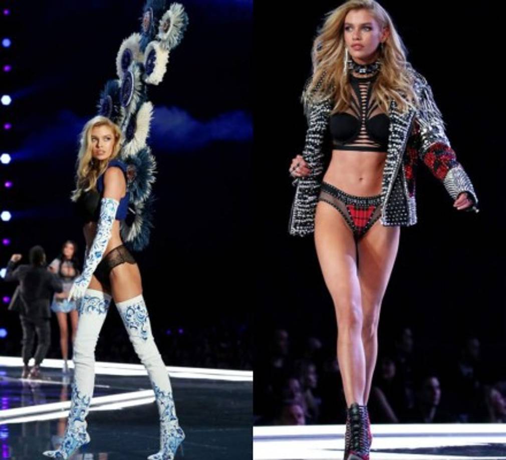 Stella Maxwell asaltó la pistacon un sujetador negro de encaje y un conjunto de pantys que combinó con botas color crema hasta los muslos que presentaban detalles en azul paisley y guantes a juego.<br/>Más tarde usó cambió el estilo angelical por uno un punk.<br/>